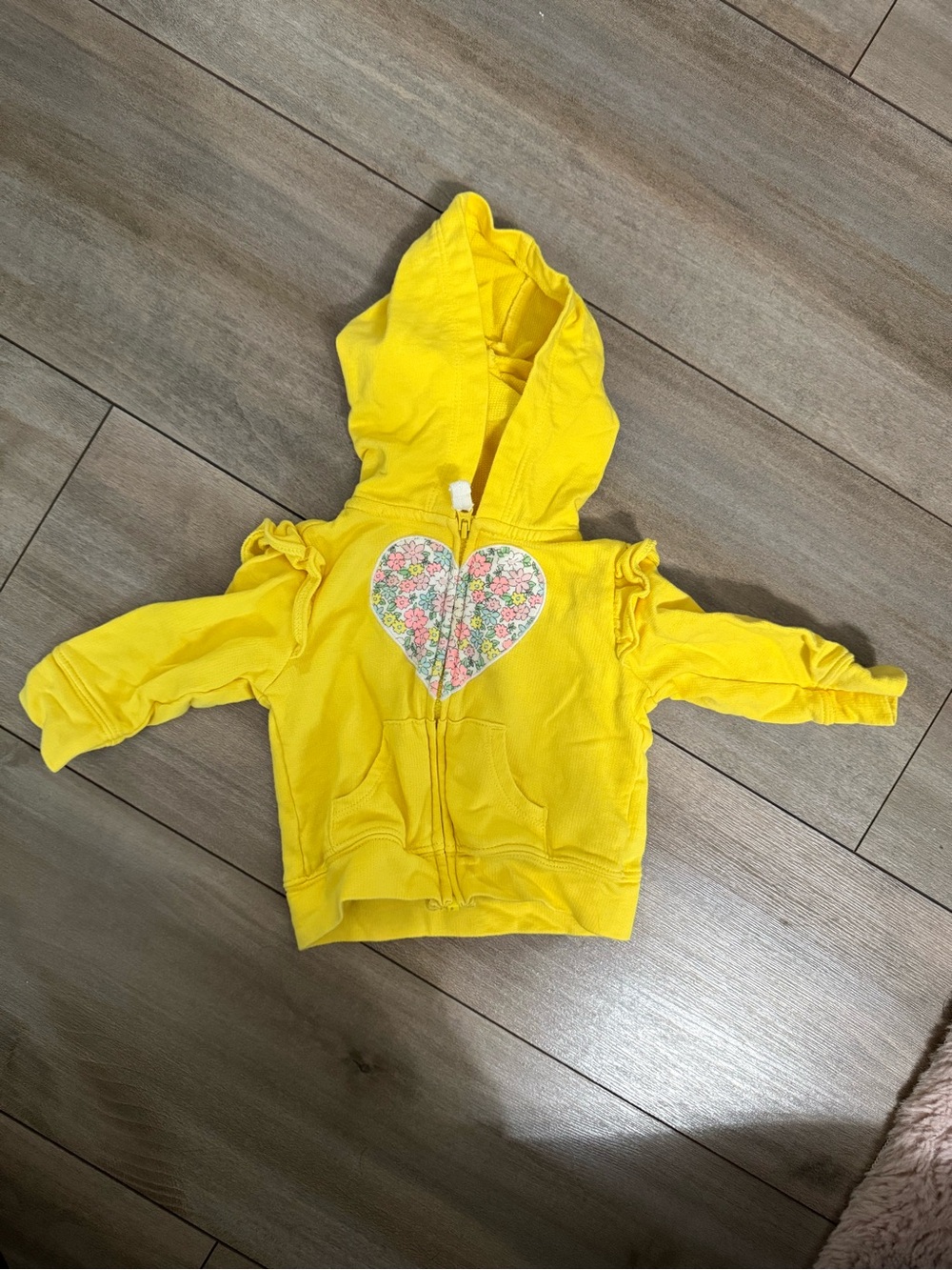Kid Yellow Hooded Zip Jacket with Floral Heart